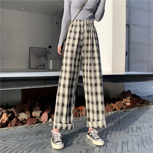 New Net Red Pants ins Super Fire Thin Straight Pants Loose Casual Pants Black Grid - Shop at LoveMi