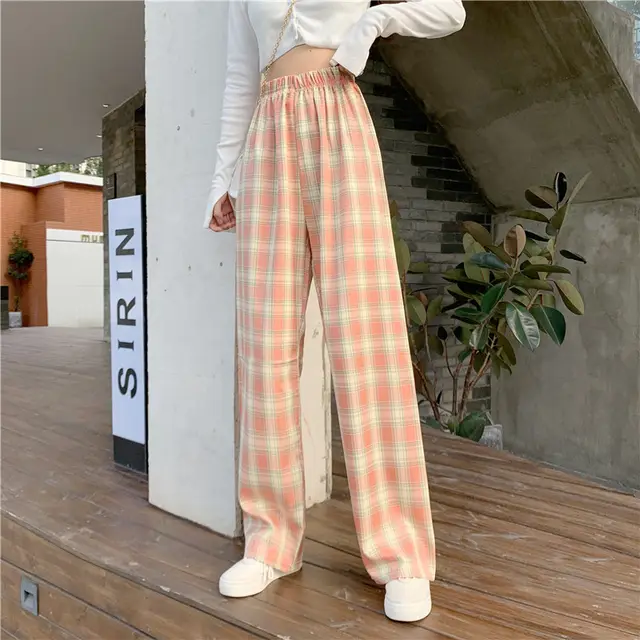 New Net Red Pants ins Super Fire Thin Straight Pants Loose Casual Pants Pink Grid - Shop at LoveMi