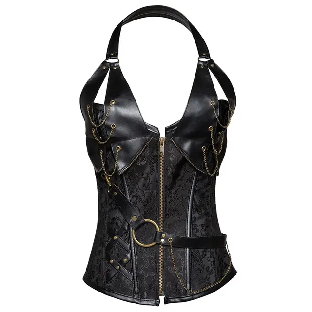 Punk Leather Corset With Belt Halter Shape Body Black - Shop at LoveMi
