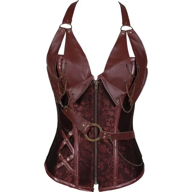Punk Leather Corset With Belt Halter Shape Body Brown - Shop at LoveMi