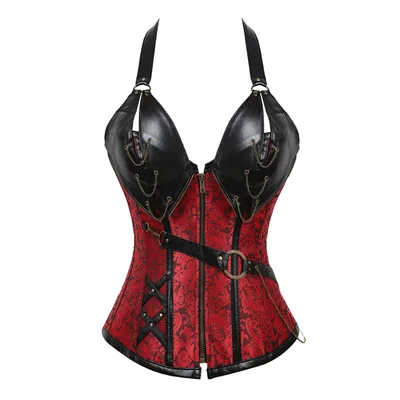 Punk Leather Corset With Belt Halter Shape Body Red - Shop at LoveMi