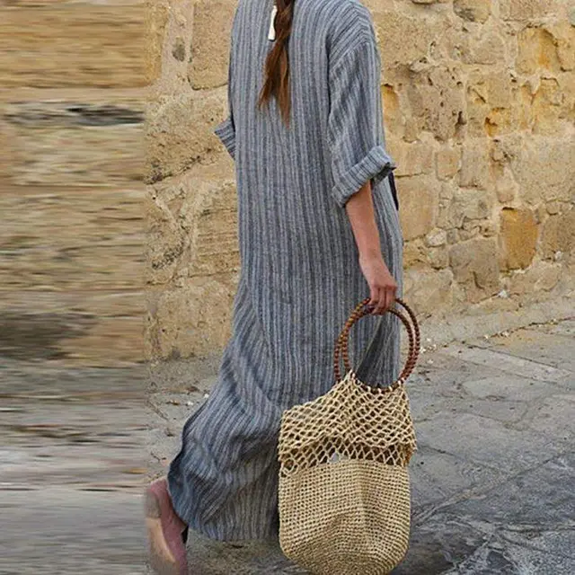 Women Long Striped Casual Loose Maxi Dresses Grey - Shop at LoveMi