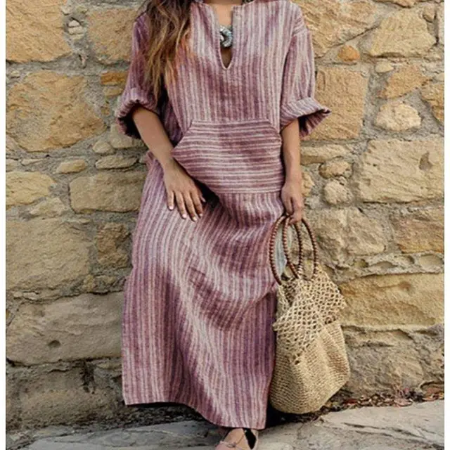 Women Long Striped Casual Loose Maxi Dresses Red - Shop at LoveMi