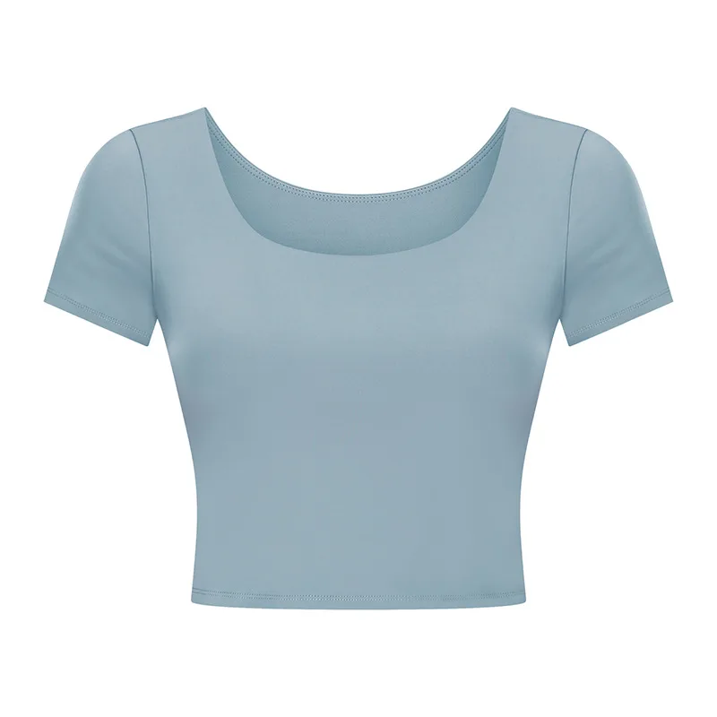 Pure Color Nude Yoga Short T Women With Chest Pad - Frost Cyan