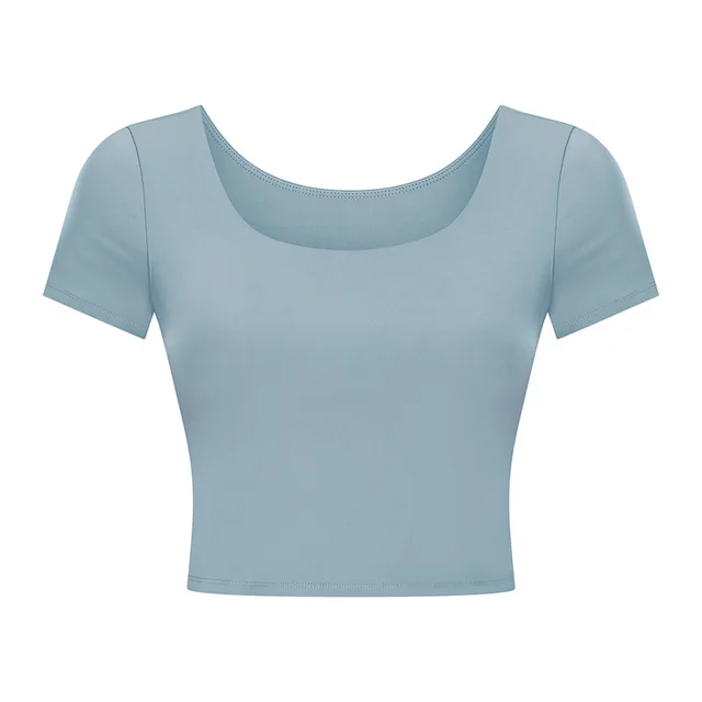 Pure Color Nude Yoga Short T Women With Chest Pad Frost Cyan - Shop at LoveMi
