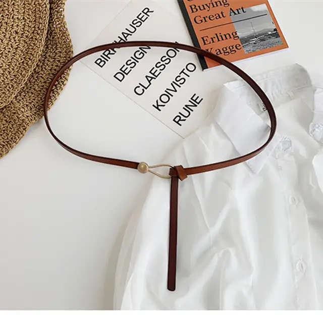 Suit Thin Belt Ladies Genuine Leather All Match Knotted Decorative Belt Fashion Black With Dress Sweater Waist Waist Brown - Shop at LoveMi