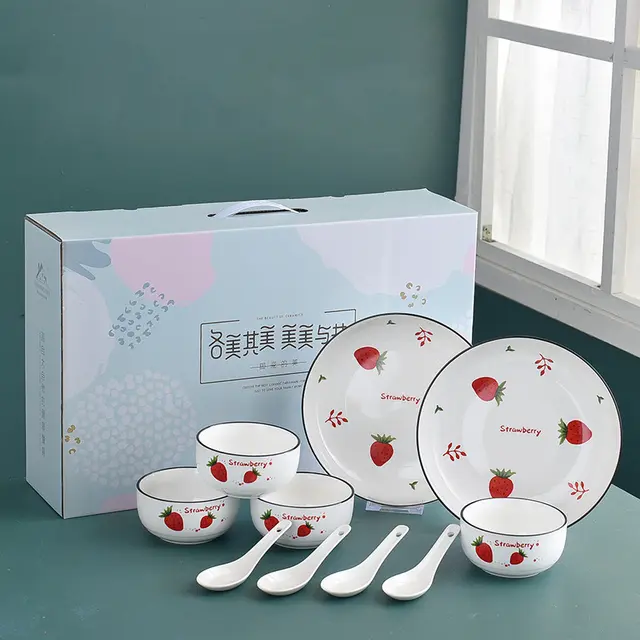 Bowl Spoon Set Strawberry Ceramic Tableware 4 Bowls 4 Scoops 2 Plates - Shop at LoveMi