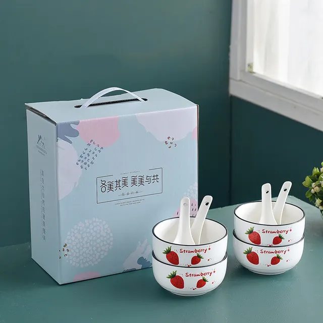 Bowl Spoon Set Strawberry Ceramic Tableware 4 Bowls 4 Scoops - Shop at LoveMi