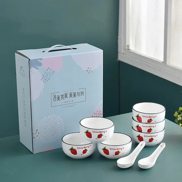 Bowl Spoon Set Strawberry Ceramic Tableware 6 Bowls 6 Scoops - Shop at LoveMi