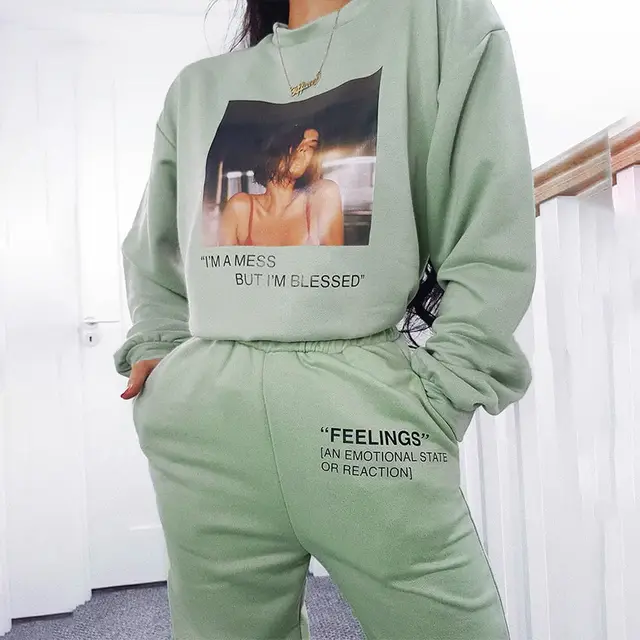 New Solid Color Slim Fitting Casual Pants Women'S Elastic Waistband Letter Printed Sweatpants Green - Shop at LoveMi