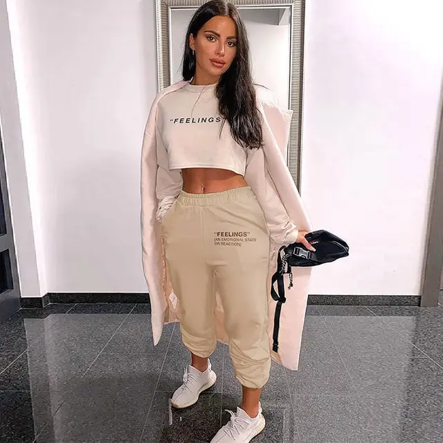New Solid Color Slim Fitting Casual Pants Women'S Elastic Waistband Letter Printed Sweatpants Khaki - Shop at LoveMi