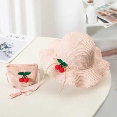 Small Wave Side Children'S Straw Hat Summer Girl Outing Beach Hat Sun Hat Hat Bag Set Cherry Pink - Shop at LoveMi