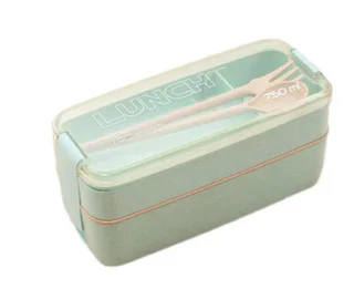 Square Double Three-layer Wheat Straw Fiber Plastic Lunch Box - Green