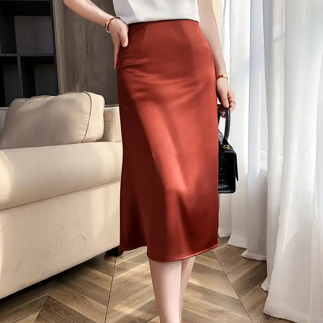 A line Long Skirt Satin Women's Mid length Simple Mermaid Skirt Caramel Colour - Shop at LoveMi
