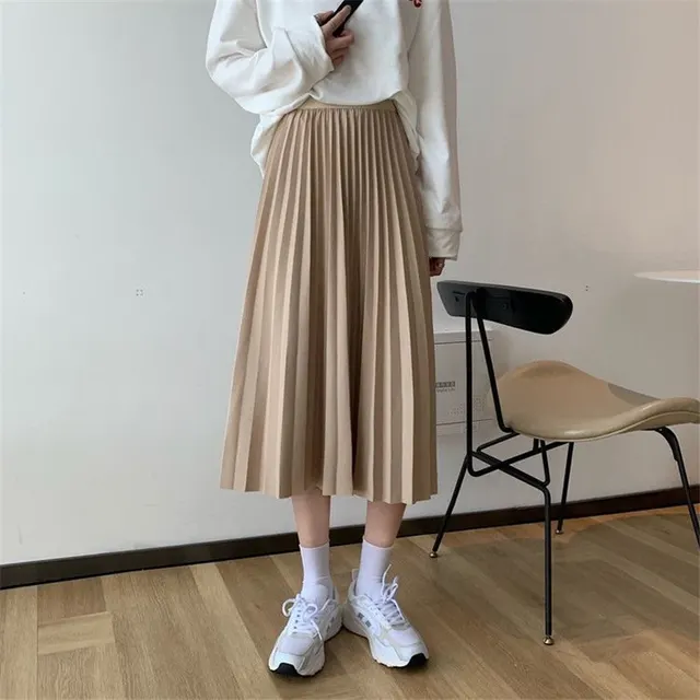 Mid length Pleated Skirt Is Thin And High waisted A line Skirt Apricot - Shop at LoveMi