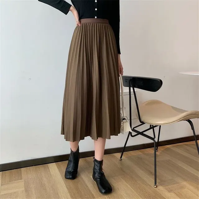 Mid length Pleated Skirt Is Thin And High waisted A line Skirt Coffee - Shop at LoveMi
