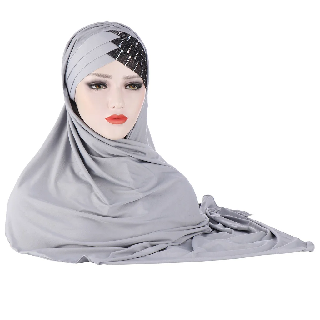 Glitter Scarf For Women, Muslim Headband, Turban, Glitter, Solid Color, Jersey, Hijabs - Grey