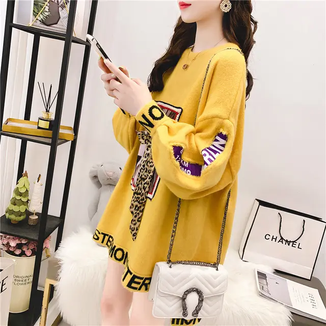 Sweater Women Ins Super Hot Loose Lazy Style Pullover Top Yellow - Shop at LoveMi