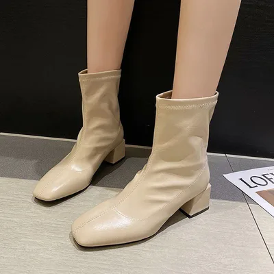 Square Toe Thin Boots Elastic Boots Mid Heel Martin Boots Women Yellow - Shop at LoveMi