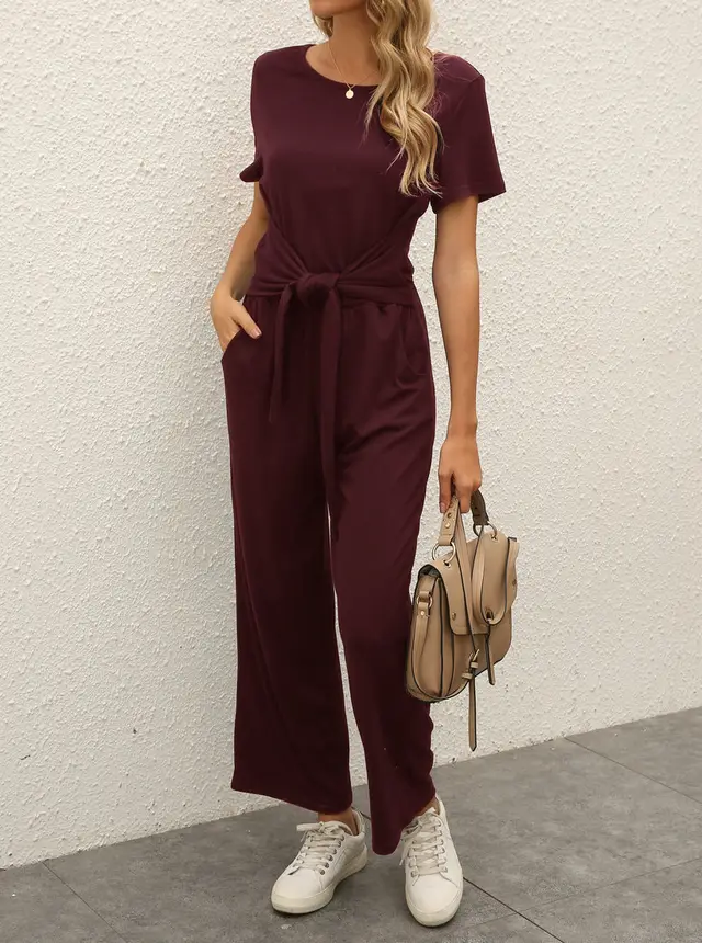Casual Round Neck Loose Straight Two Piece Suit Wine Red - Shop at LoveMi