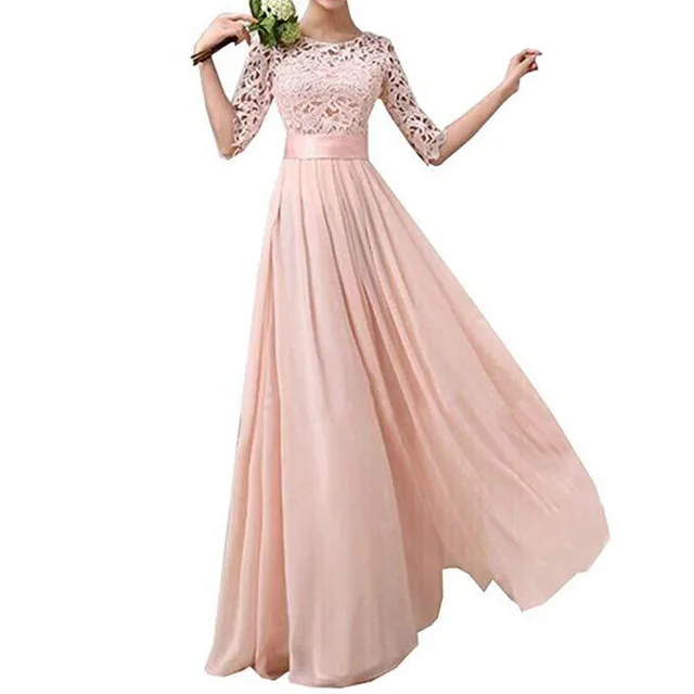 Banquet Evening Dress Five point Sleeve Lace Chiffon Wedding Pink - Shop at LoveMi