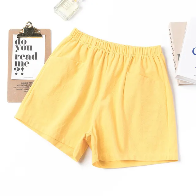 High Waist A Line Cotton And Linen Shorts Yellow - Shop at LoveMi