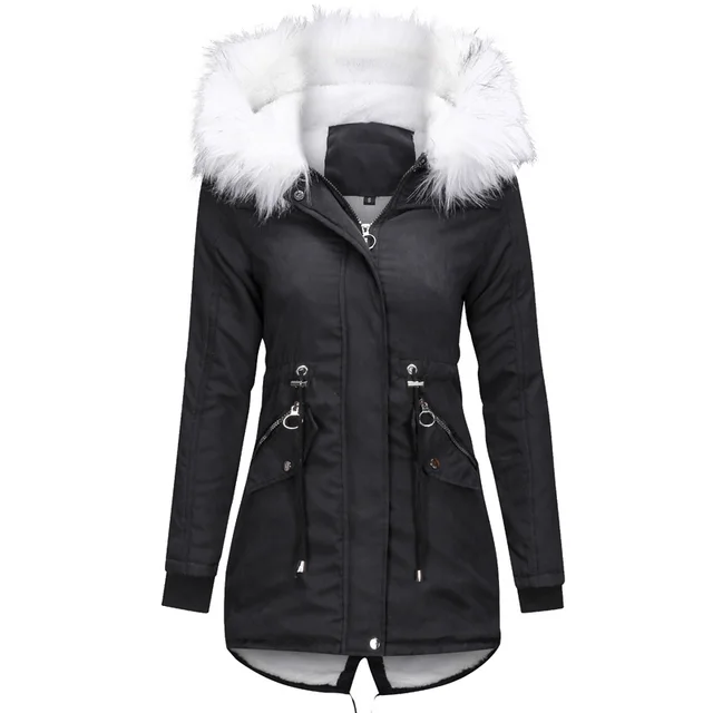 Cotton Coats Women Casual Fur Long Hooded Jacket Fashion Simple High Street Black - Shop at LoveMi