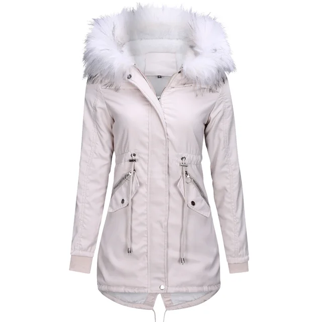 Cotton Coats Women Casual Fur Long Hooded Jacket Fashion Simple High Street White - Shop at LoveMi