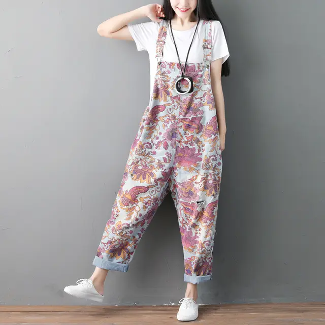 Spring And Summer Plus Size Overalls Ethnic Old Jeans Washed Holes Suspenders Wandering Style Denim Light Color Printing - Shop at LoveMi