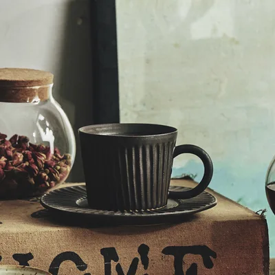 Playthings Japanese Single Product Coffee Cup With Saucer, Stoneware Stripes Carbon Black - Shop at LoveMi