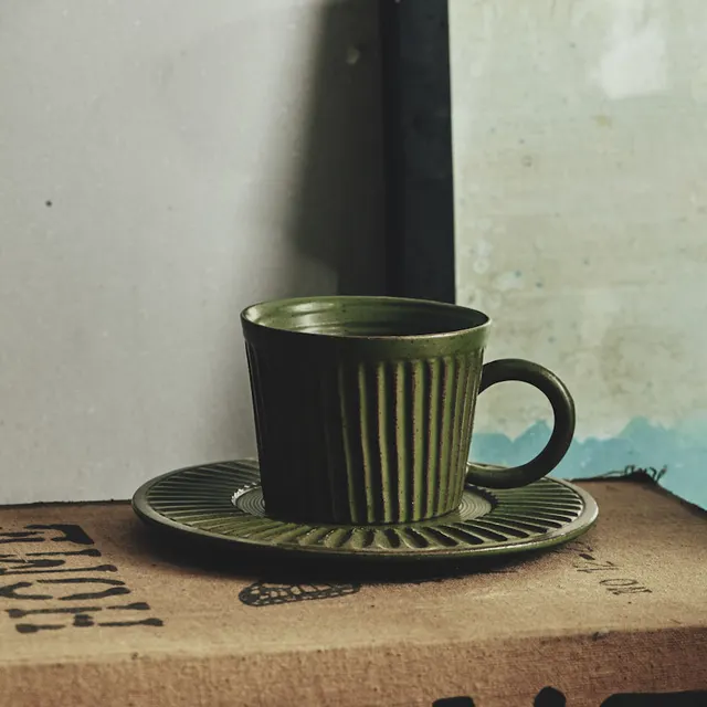 Playthings Japanese Single Product Coffee Cup With Saucer, Stoneware Stripes Dark Army Green - Shop at LoveMi