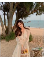 Floral Long Sleeve Organza Dress Women - Apricot