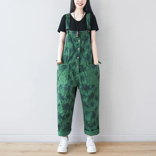 Korean Style Fashion Coconut Tree Bib Pants Plus Size Casual Pants Loose Print Three Color In Green - Shop at LoveMi