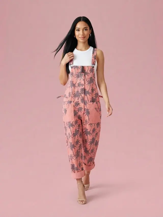 Palm Tree Print Bib Overalls Pink - Shop at LoveMi