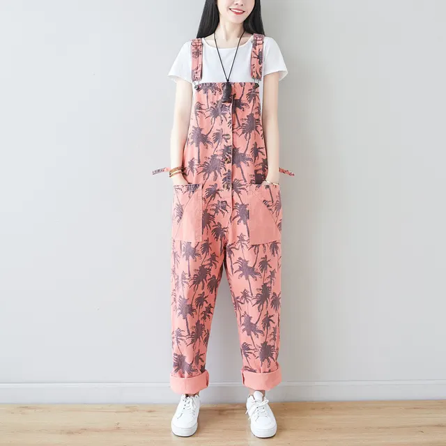 Korean Style Fashion Coconut Tree Bib Pants Plus Size Casual Pants Loose Print Three Color In Pink - Shop at LoveMi