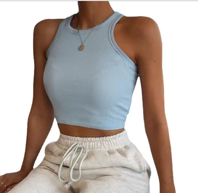 European And American Spring And Summer Fashion All Match Solid Color Sleeveless Vest T Shirt Blue - Shop at LoveMi