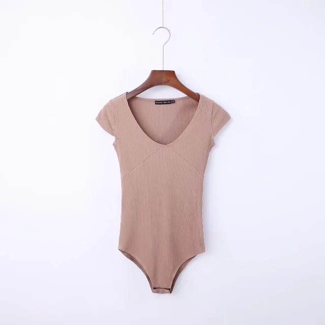 V neck Waist Dhort sleeved One piece T shirt Top File Ladies Jumpsuit Khaki - Shop at LoveMi
