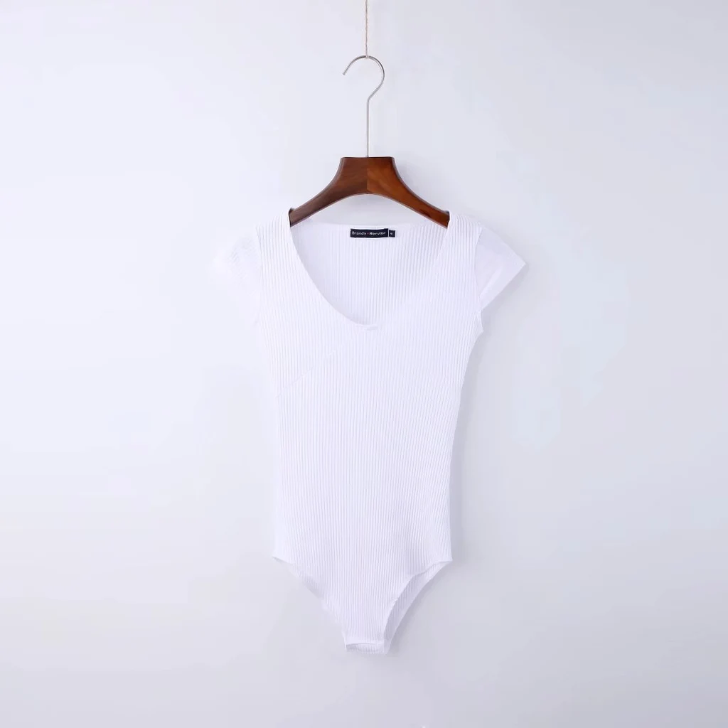 V-neck Waist Dhort-sleeved One-piece T-shirt Top File Ladies Jumpsuit - White