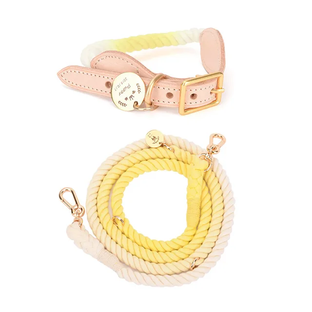 Multifunctional Rainbow Gradient Color Dog Traction Rope Collar Cotton Dog Walking Rope Hand Woven Rope Pear Yellow - Shop at LoveMi