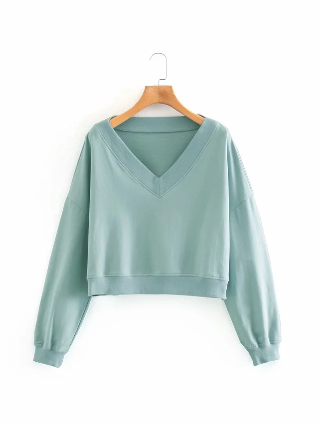 V neck Long sleeved Loose Solid Color Short Sweater Green - Shop at LoveMi