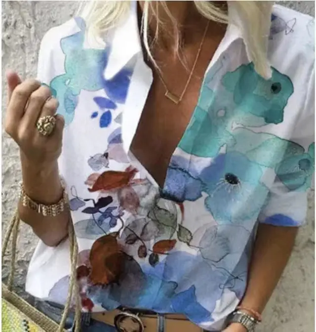 Floral Digital Print Lapel Casual Shirt Blue - Shop at LoveMi