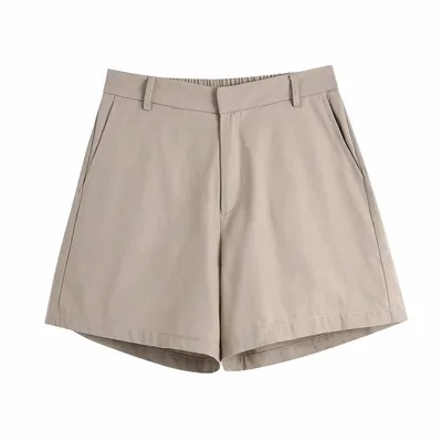 Casual Shorts With Elastic Waist Pleated Decoration Khaki - Shop at LoveMi