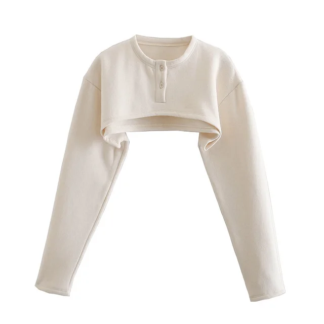 Button Small Collar Flannel Sleeves Beige - Shop at LoveMi