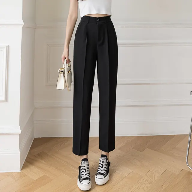 Straight Loose High Waist Slim Cropped Trousers Black - Shop at LoveMi