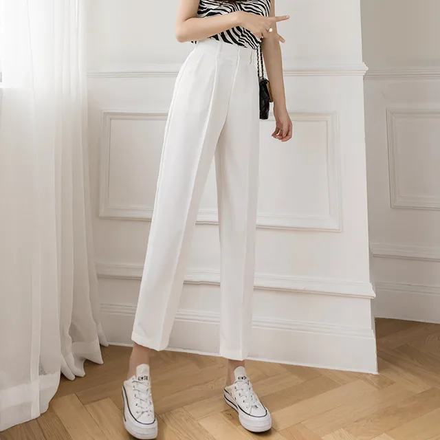 Straight Loose High Waist Slim Cropped Trousers White - Shop at LoveMi