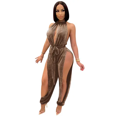 Lace Up Stretch Split Women'S Jumpsuit Brown - Shop at LoveMi