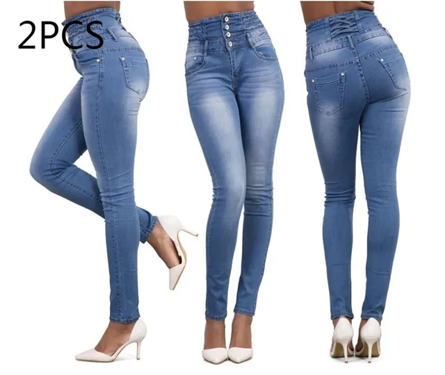 Fashion Elastic High Waist Jeans Women Pencil Light Blue 2Pcs - Shop at LoveMi