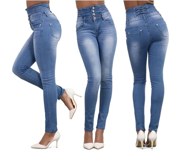 Fashion Elastic High Waist Jeans Women Pencil Light Blue - Shop at LoveMi