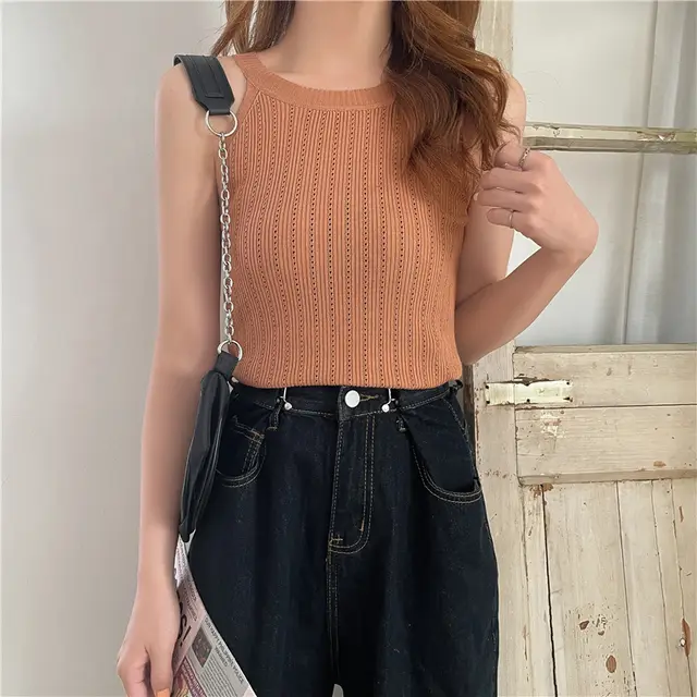 Fashion Ice Silk Knitted Top With Small Straps For Women Brown - Shop at LoveMi