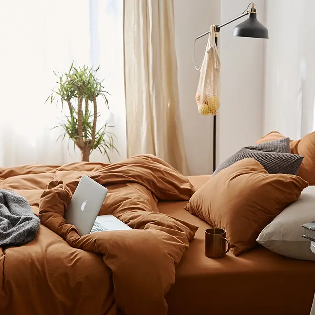 All Cotton Pure Color Denim Four Piece Soft Pure Cotton Quilt Cover 1.8 Bed Sheet And Fitted Sheet Knitted Cotton Bedding Apricot - Shop at LoveMi